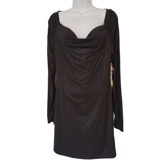Guess M Black Metallic Silver Long Sleeve Shimmer Dress Sweetheart Draped Neck - Picture 1 of 7